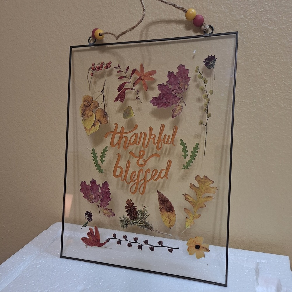 Thankful & Blessed Pressed Leaf Glass Wall Art Fall Harvest Decor 15x11